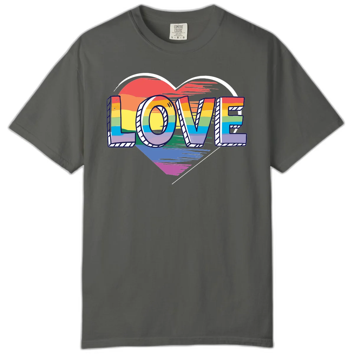 Colorful 3D block lettering spelling LOVE in rainbow pride colors inside a heart shape with wings in Pepper