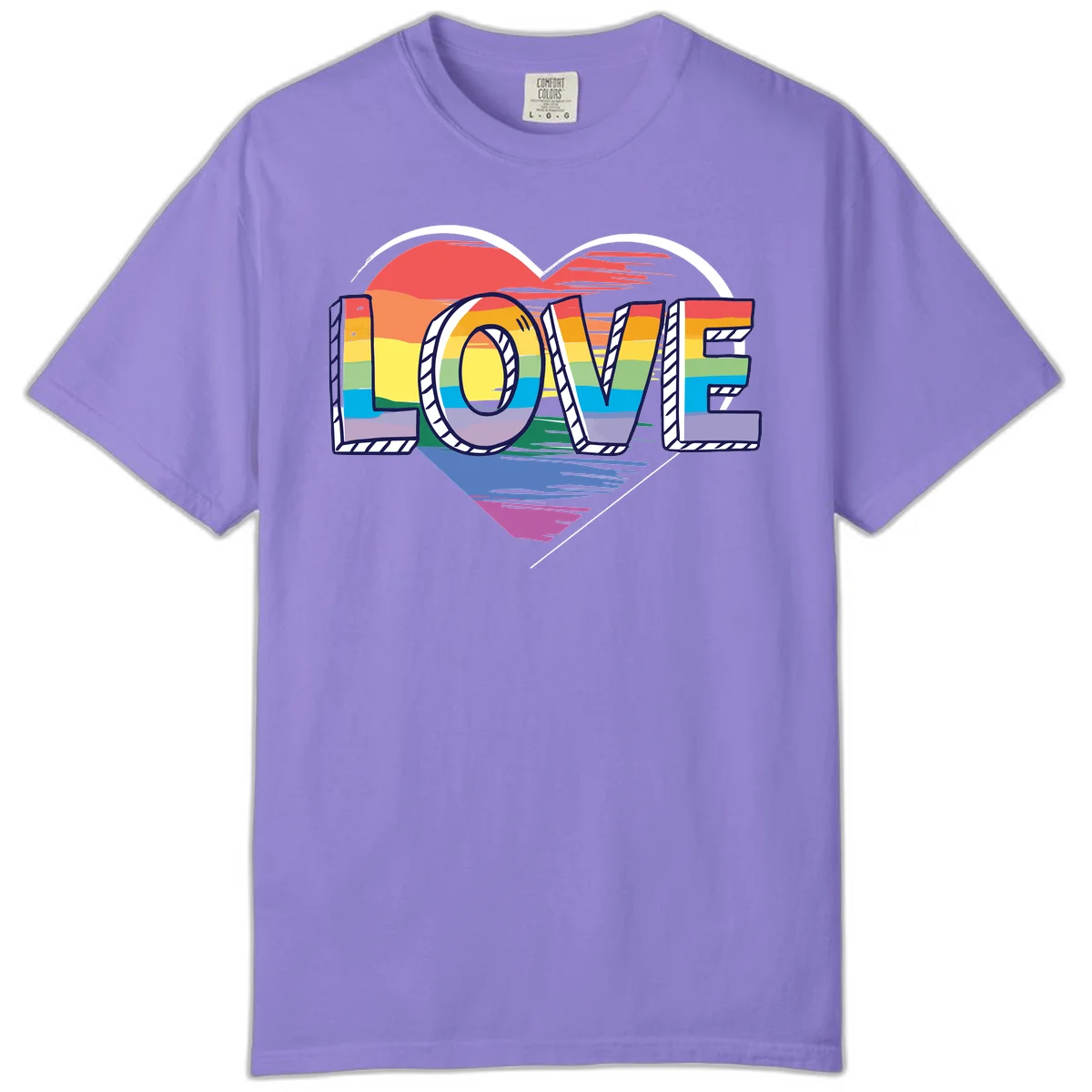 Colorful 3D block lettering spelling LOVE in rainbow pride colors inside a heart shape with wings in Violet