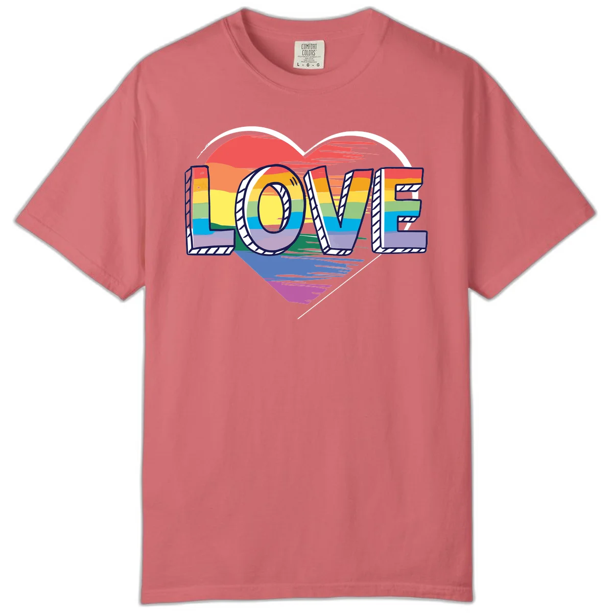 Colorful 3D block lettering spelling LOVE in rainbow pride colors inside a heart shape with wings in Watermelon