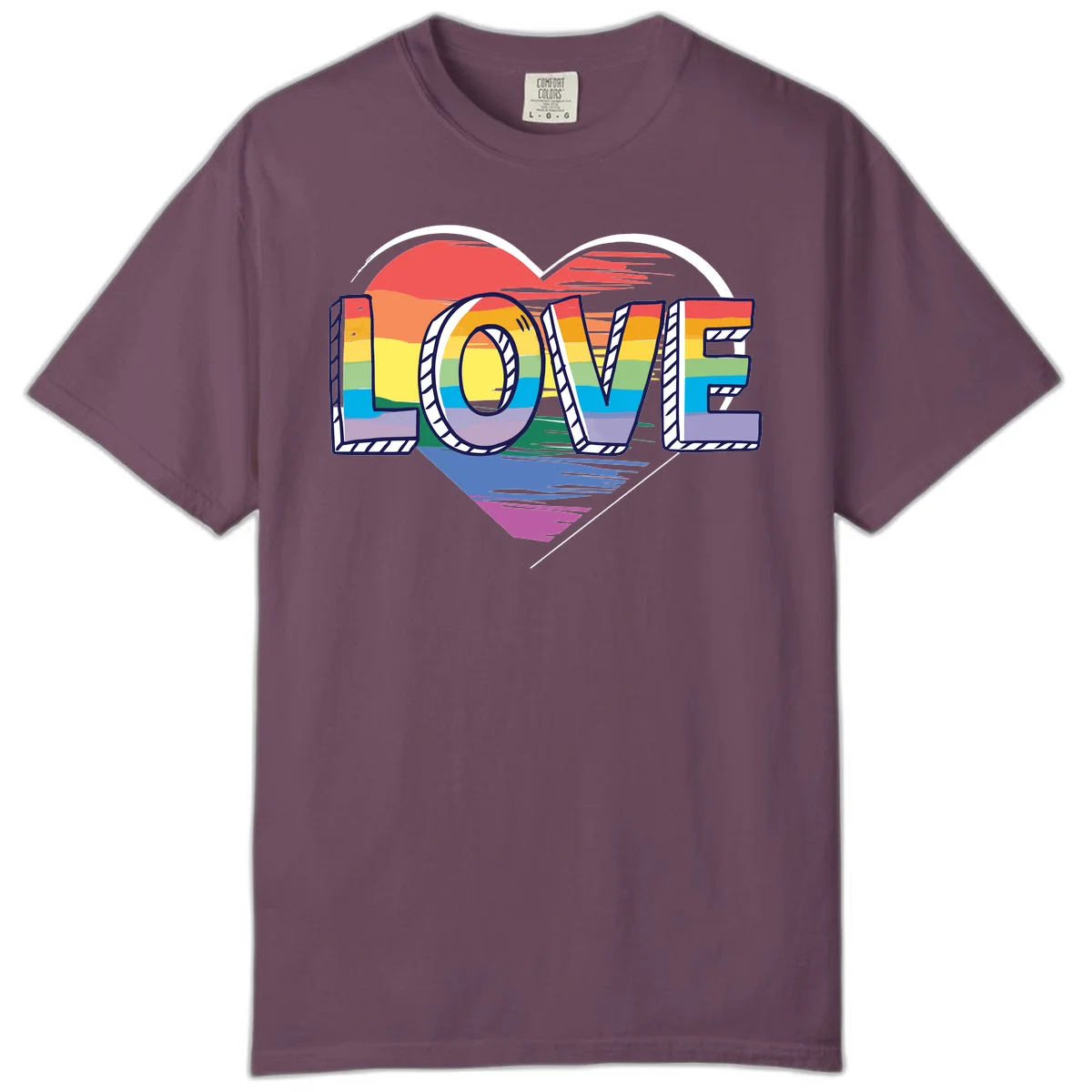 Colorful 3D block lettering spelling LOVE in rainbow pride colors inside a heart shape with wings in Berry