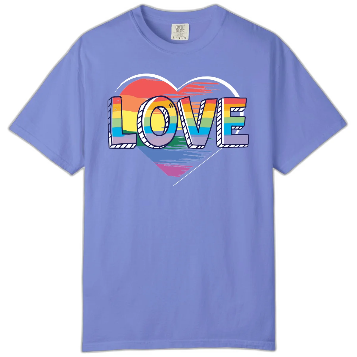 Colorful 3D block lettering spelling LOVE in rainbow pride colors inside a heart shape with wings in Flo Blue