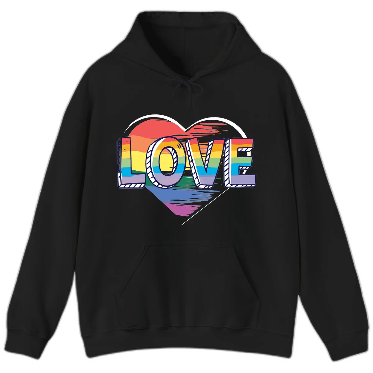 Colorful 3D block lettering spelling LOVE in rainbow pride colors inside a heart shape with wings in Black