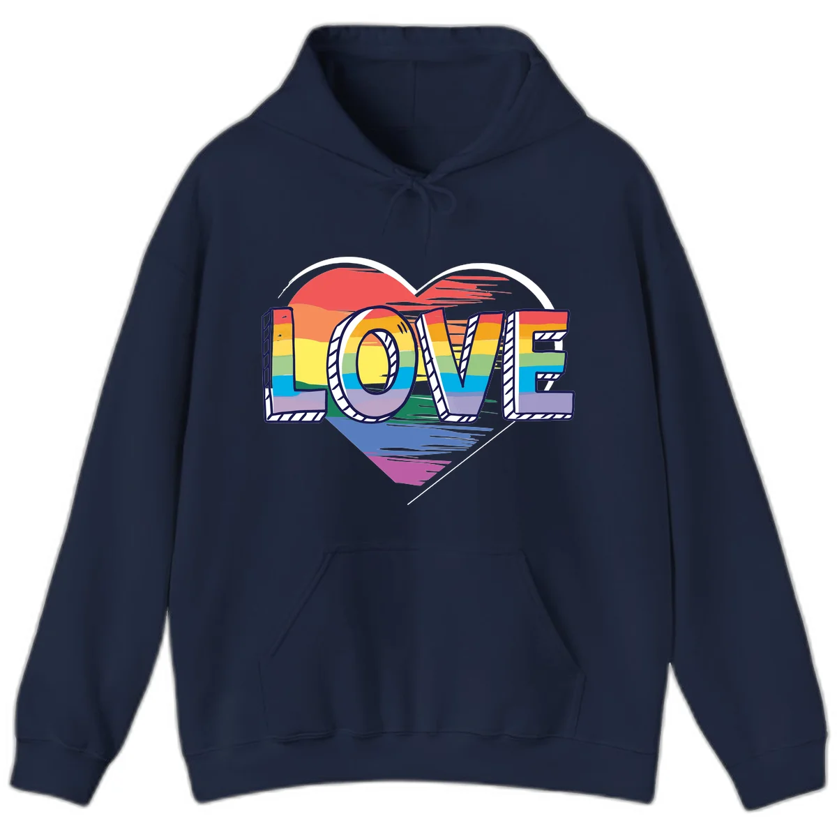 Colorful 3D block lettering spelling LOVE in rainbow pride colors inside a heart shape with wings in Navy