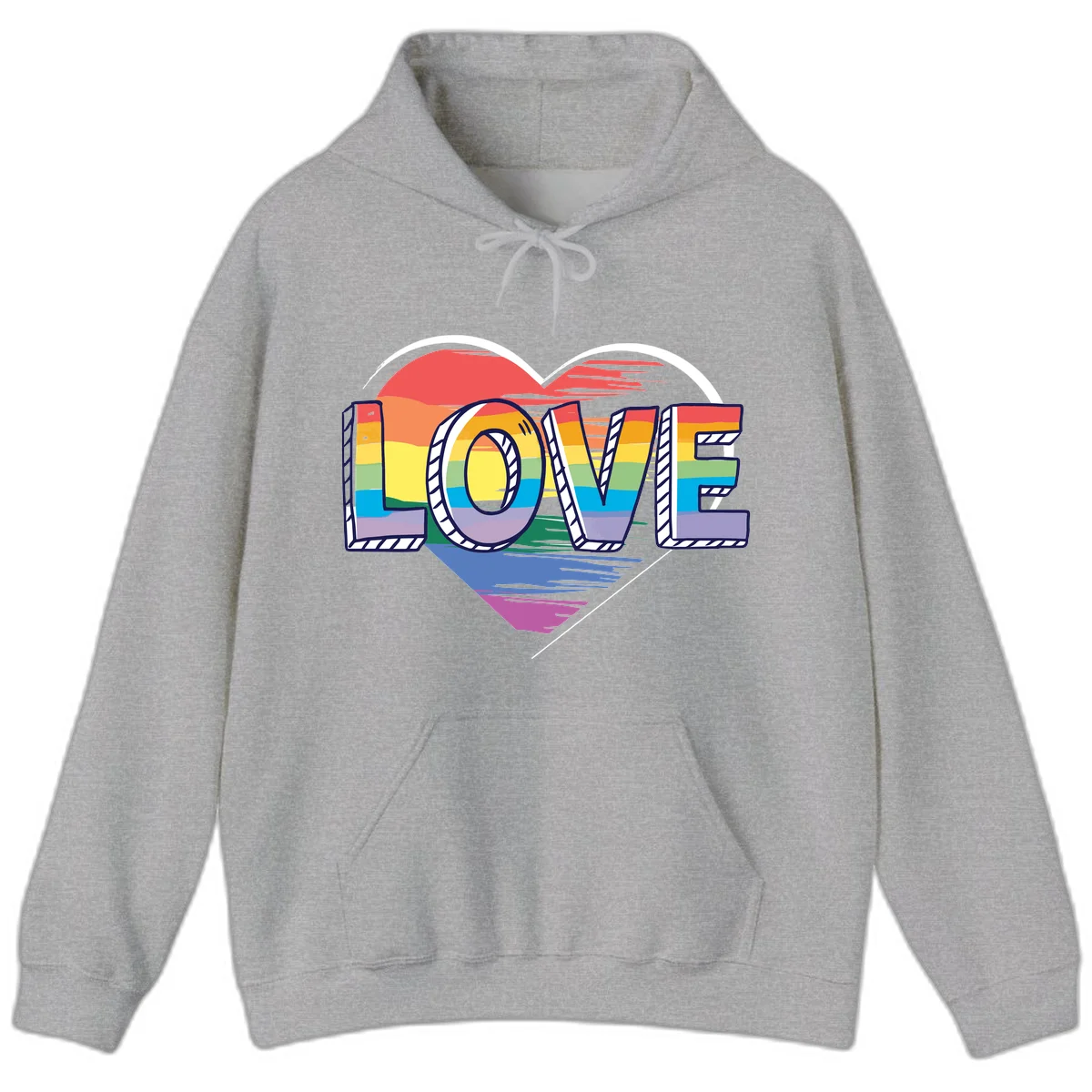 Colorful 3D block lettering spelling LOVE in rainbow pride colors inside a heart shape with wings in Sport Grey
