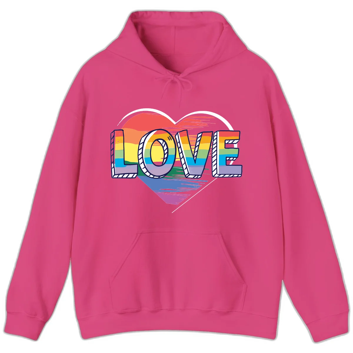 Colorful 3D block lettering spelling LOVE in rainbow pride colors inside a heart shape with wings in Heliconia