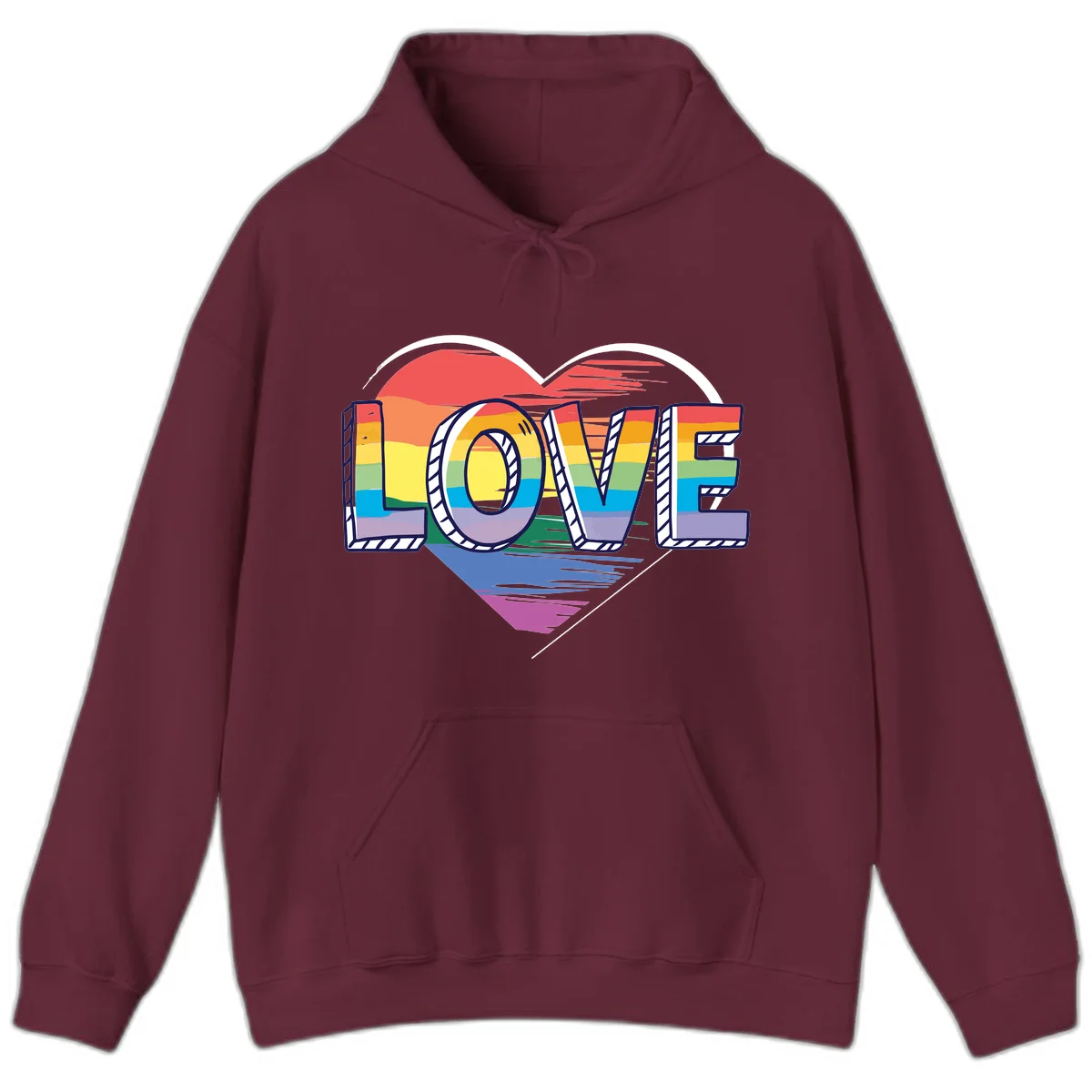 Colorful 3D block lettering spelling LOVE in rainbow pride colors inside a heart shape with wings in Maroon