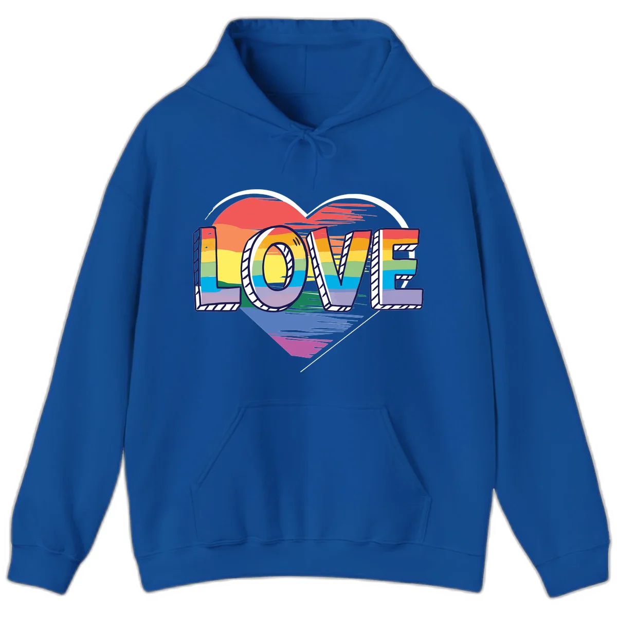Colorful 3D block lettering spelling LOVE in rainbow pride colors inside a heart shape with wings in Royal