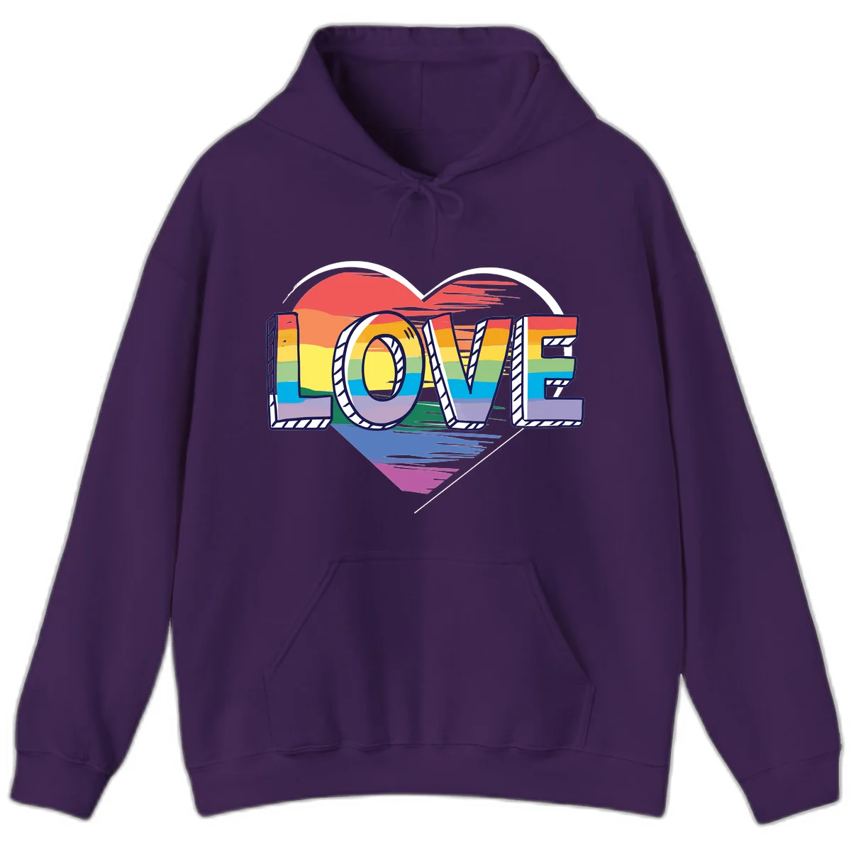 Colorful 3D block lettering spelling LOVE in rainbow pride colors inside a heart shape with wings in Purple