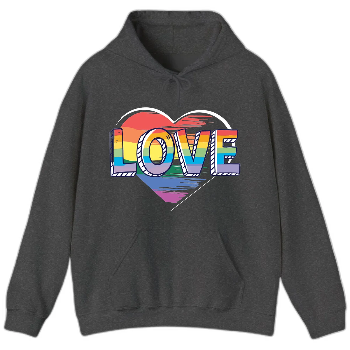 Colorful 3D block lettering spelling LOVE in rainbow pride colors inside a heart shape with wings in Dark Heather