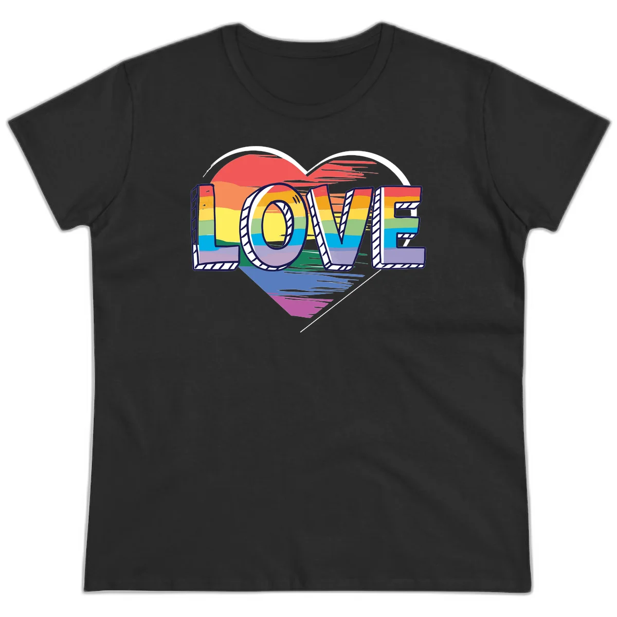 Colorful 3D block lettering spelling LOVE in rainbow pride colors inside a heart shape with wings in Black