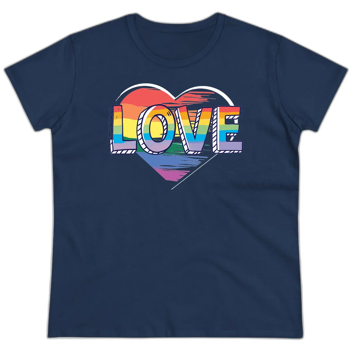 Colorful 3D block lettering spelling LOVE in rainbow pride colors inside a heart shape with wings in Navy