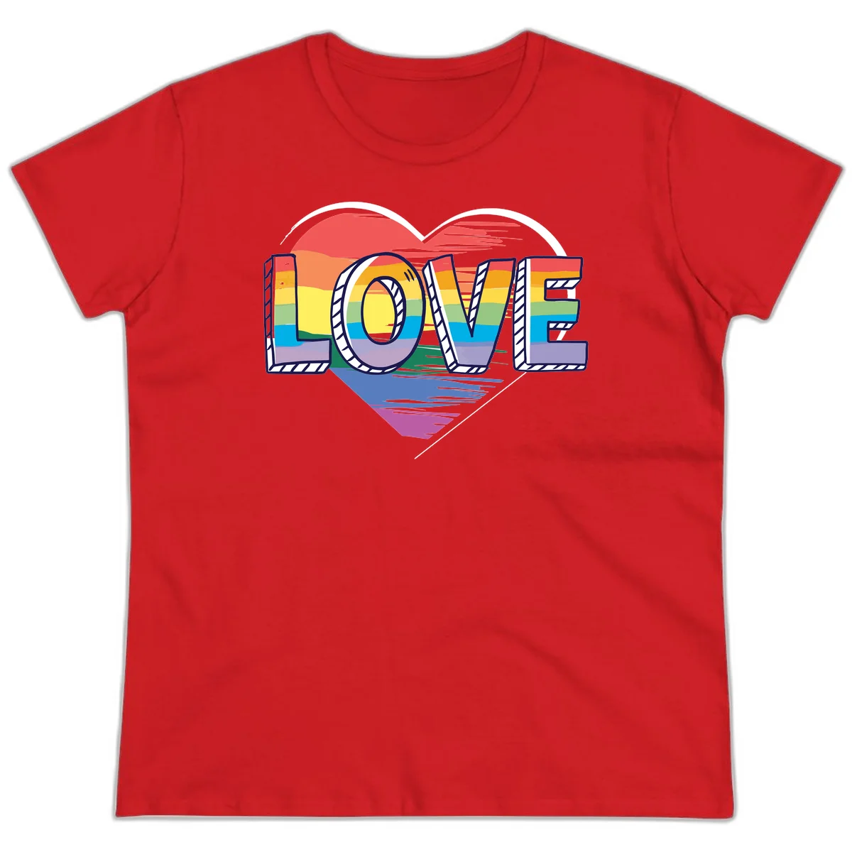 Colorful 3D block lettering spelling LOVE in rainbow pride colors inside a heart shape with wings in Red