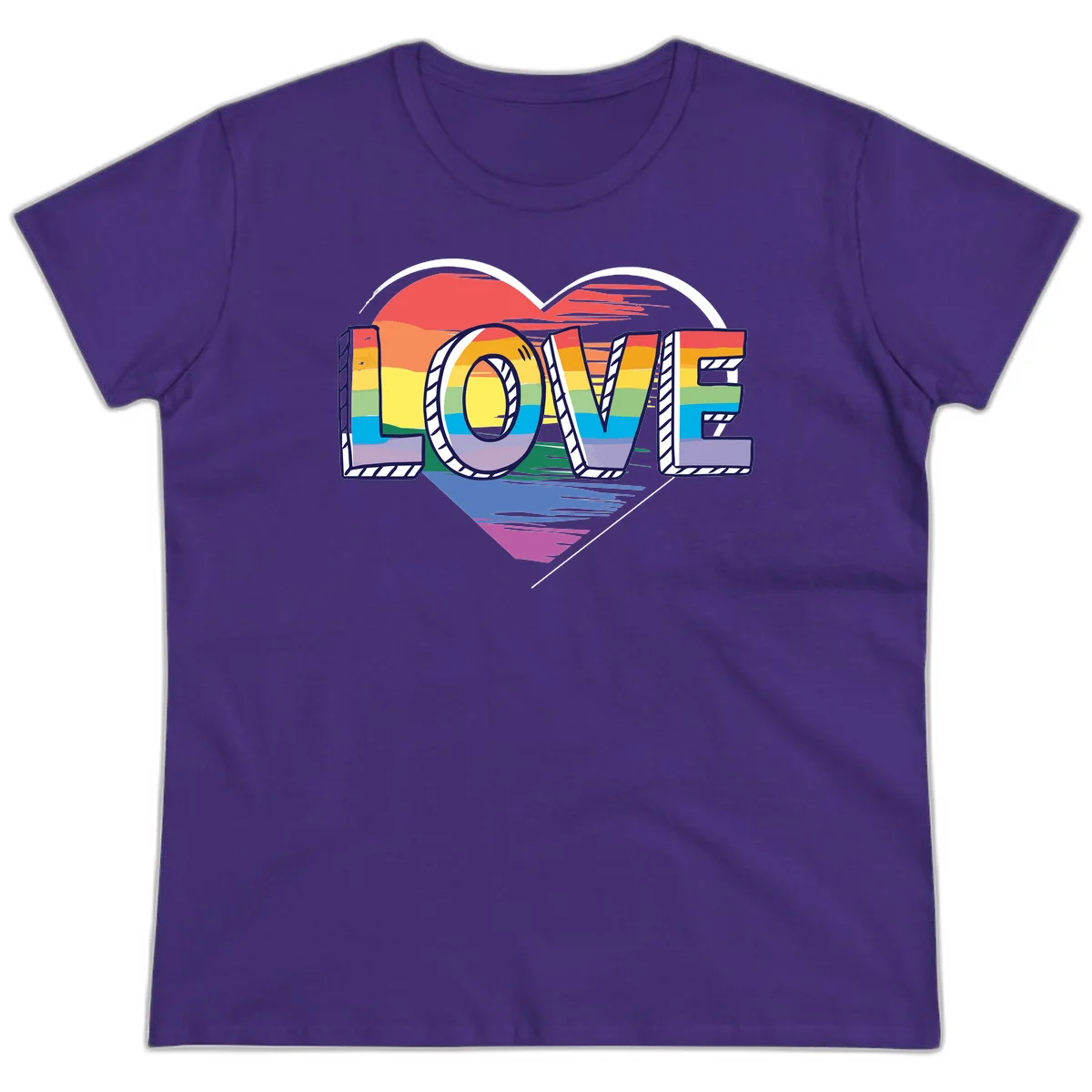 Colorful 3D block lettering spelling LOVE in rainbow pride colors inside a heart shape with wings in Purple
