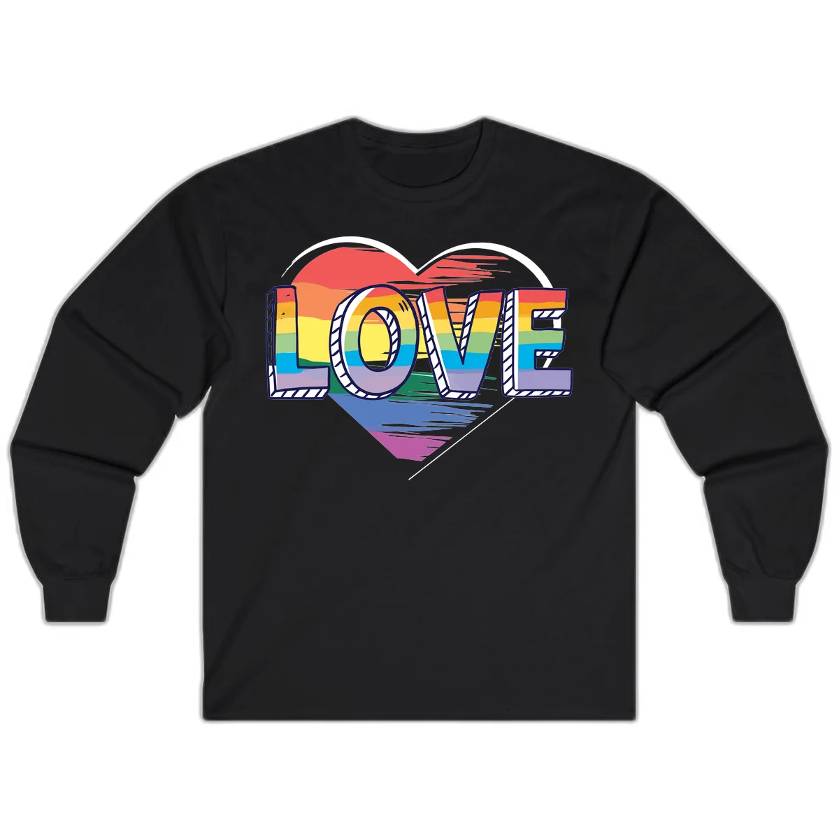 Colorful 3D block lettering spelling LOVE in rainbow pride colors inside a heart shape with wings in Black