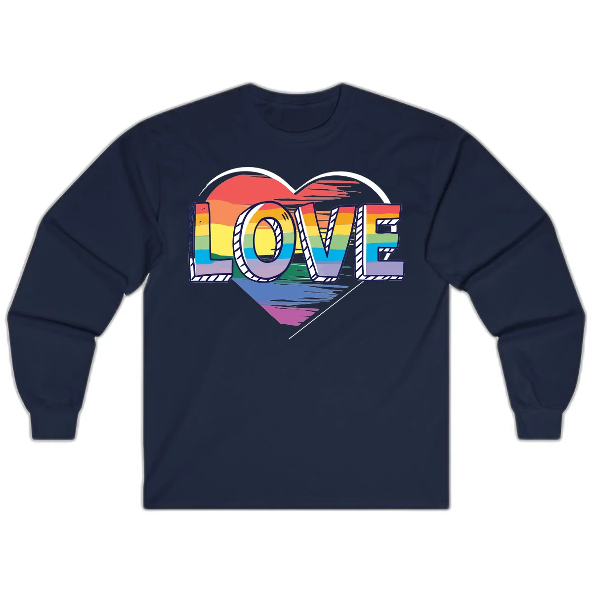 Colorful 3D block lettering spelling LOVE in rainbow pride colors inside a heart shape with wings in Navy