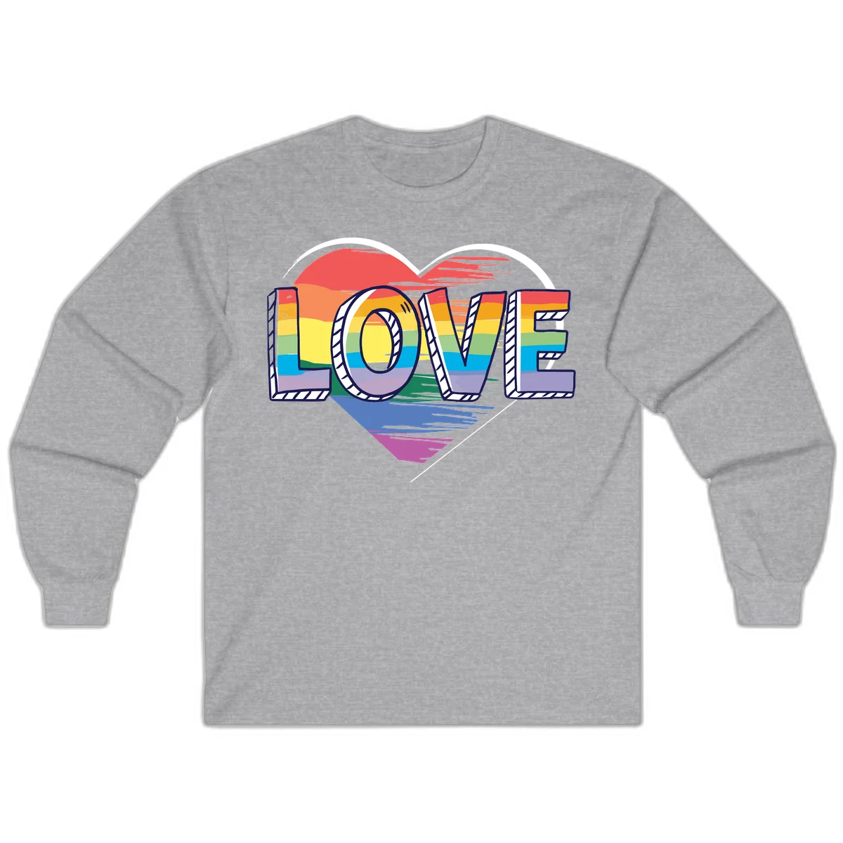 Colorful 3D block lettering spelling LOVE in rainbow pride colors inside a heart shape with wings in Sport Grey