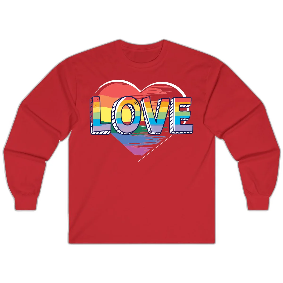 Colorful 3D block lettering spelling LOVE in rainbow pride colors inside a heart shape with wings in Red
