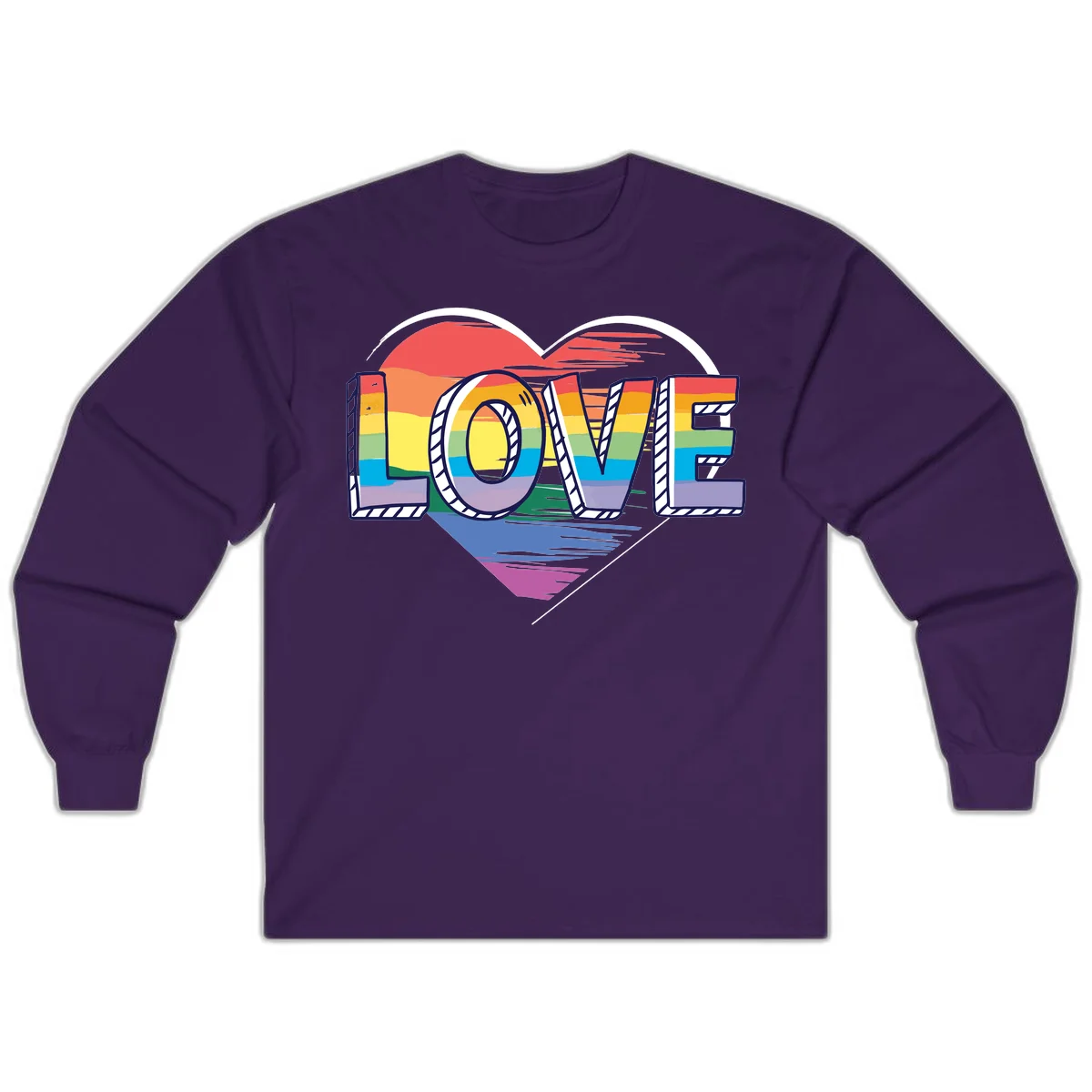 Colorful 3D block lettering spelling LOVE in rainbow pride colors inside a heart shape with wings in Purple