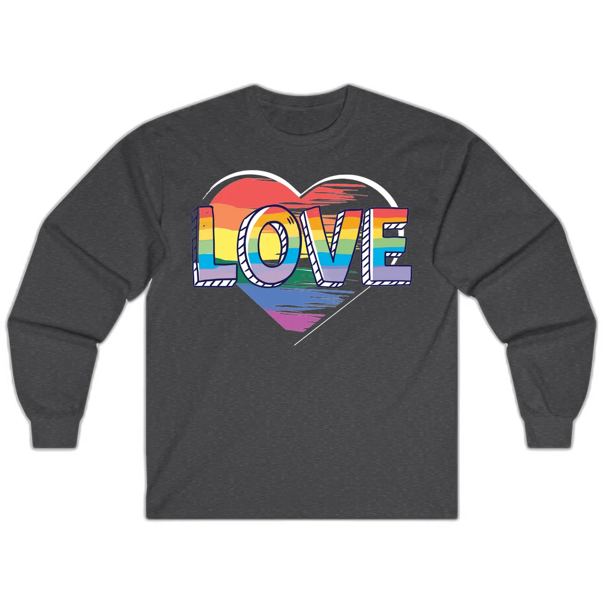 Colorful 3D block lettering spelling LOVE in rainbow pride colors inside a heart shape with wings in Dark Heather