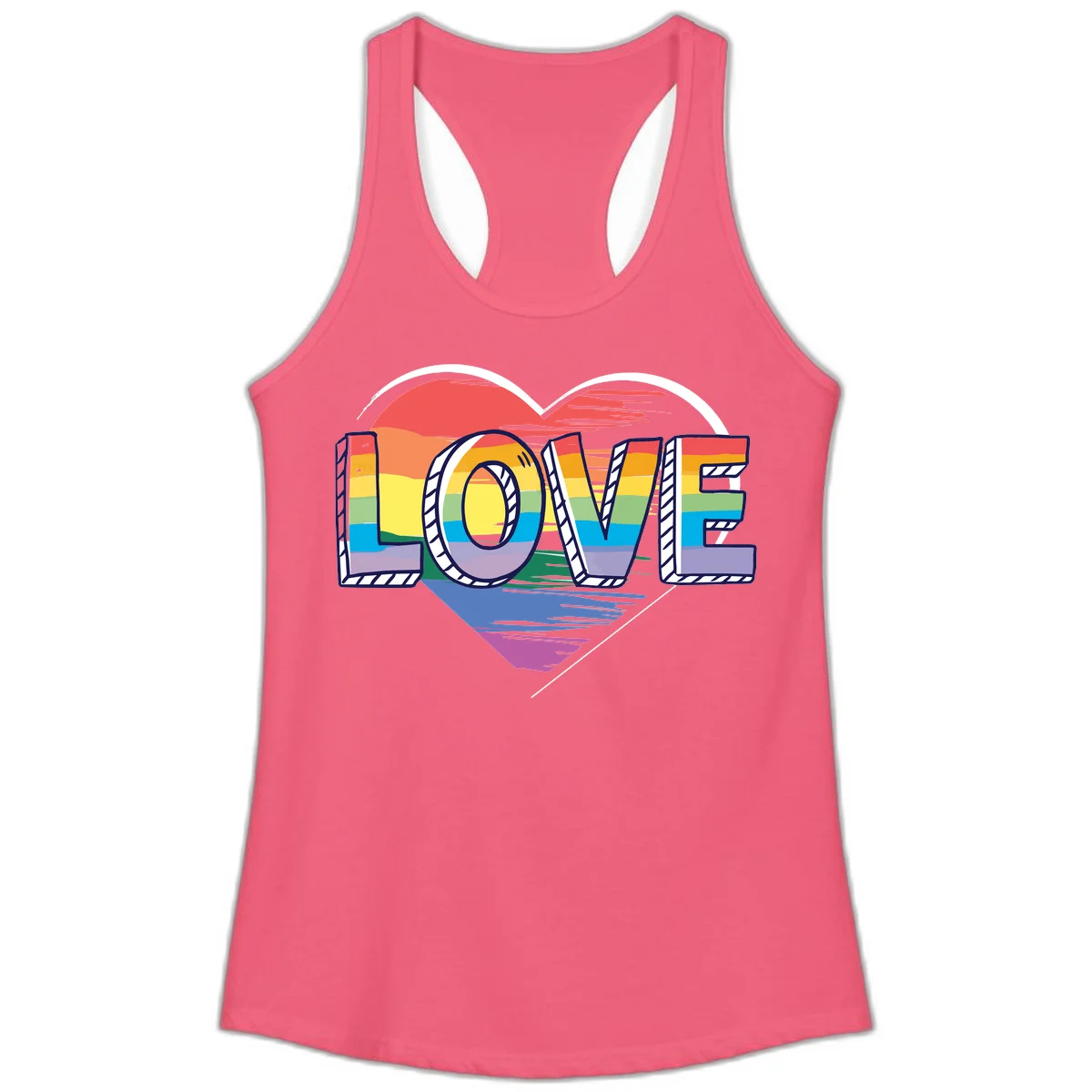 Colorful 3D block lettering spelling LOVE in rainbow pride colors inside a heart shape with wings in Hot Pink
