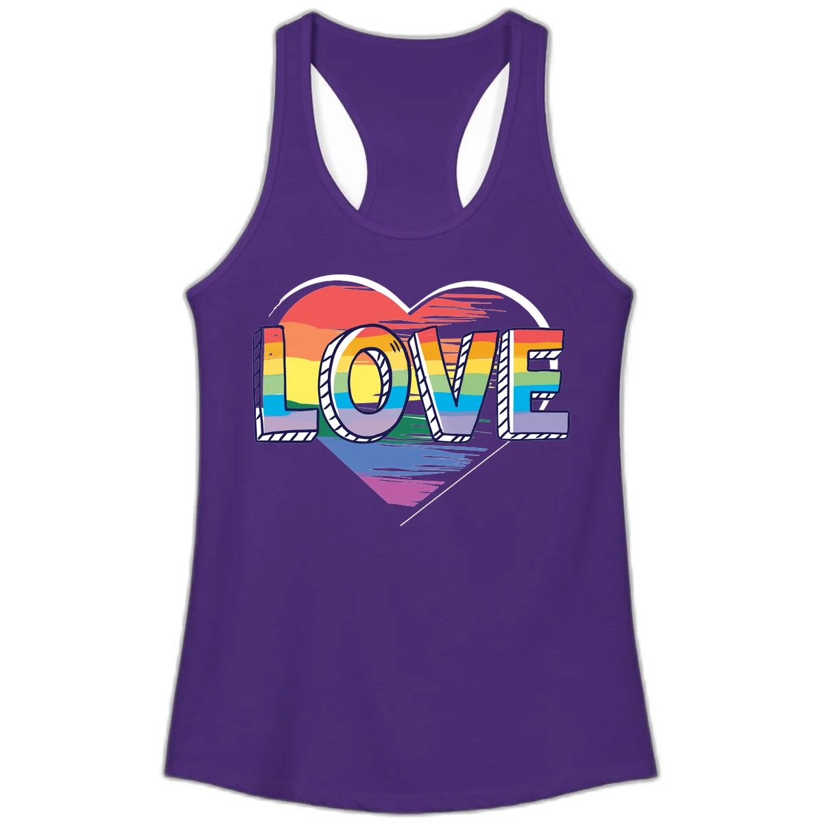 Colorful 3D block lettering spelling LOVE in rainbow pride colors inside a heart shape with wings in Solid Purple Rush