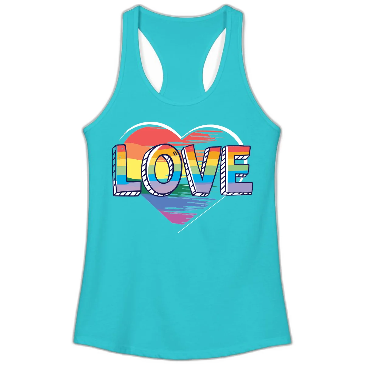 Colorful 3D block lettering spelling LOVE in rainbow pride colors inside a heart shape with wings in Solid Tahiti Blue