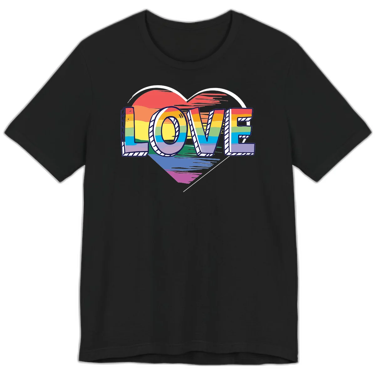 Colorful 3D block lettering spelling LOVE in rainbow pride colors inside a heart shape with wings in Black