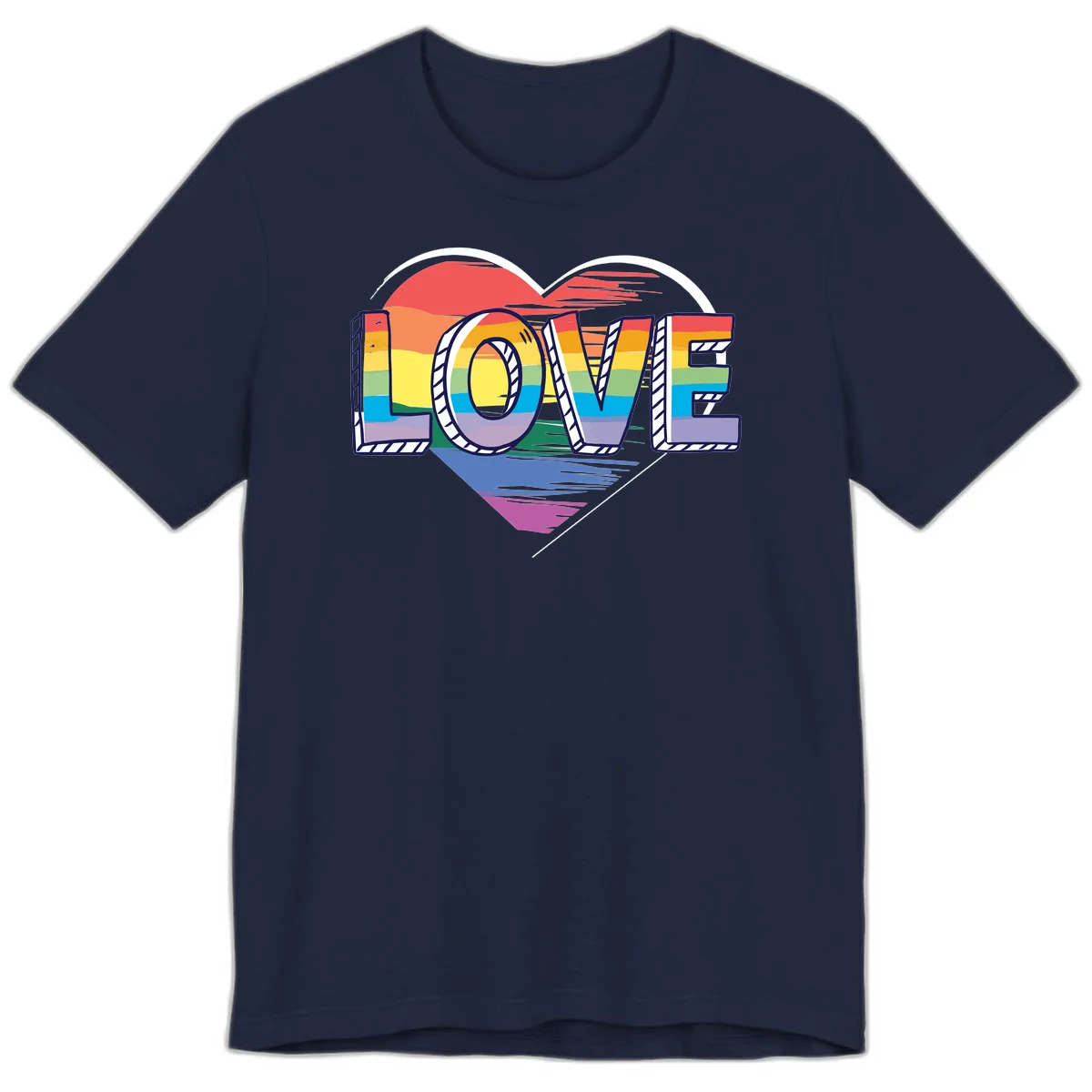 Colorful 3D block lettering spelling LOVE in rainbow pride colors inside a heart shape with wings in Navy