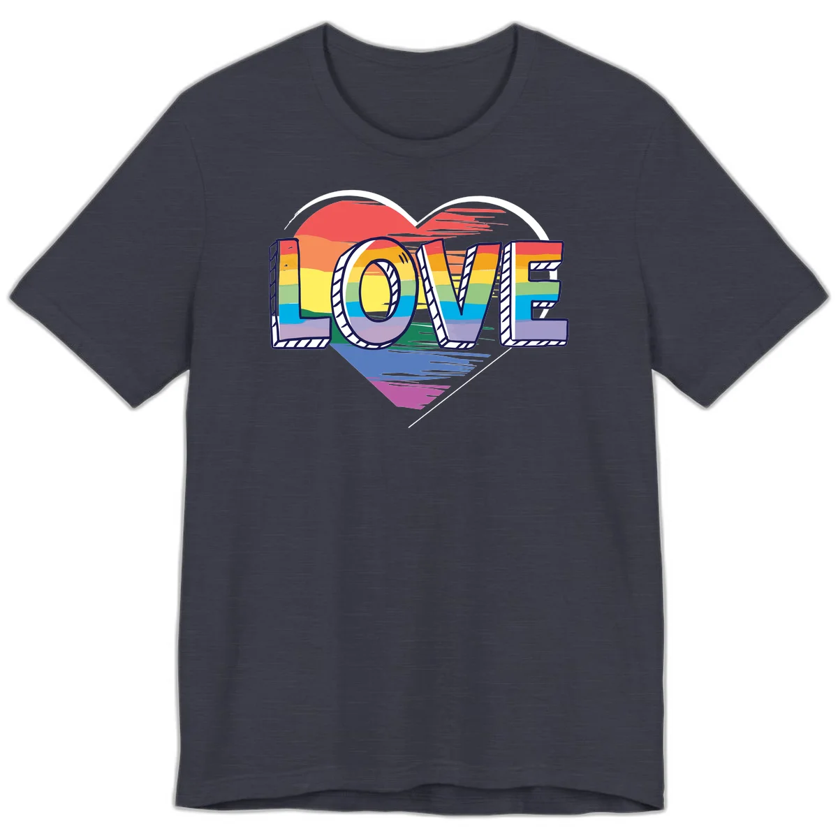 Colorful 3D block lettering spelling LOVE in rainbow pride colors inside a heart shape with wings in Heather Midnight Navy
