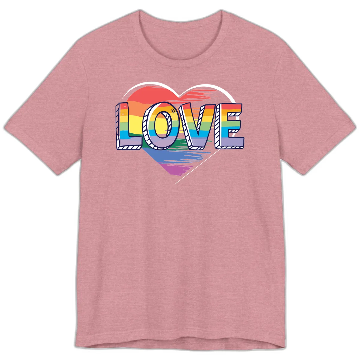 Colorful 3D block lettering spelling LOVE in rainbow pride colors inside a heart shape with wings in Heather Orchid