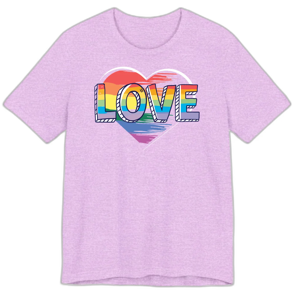 Colorful 3D block lettering spelling LOVE in rainbow pride colors inside a heart shape with wings in Heather Prism Lilac