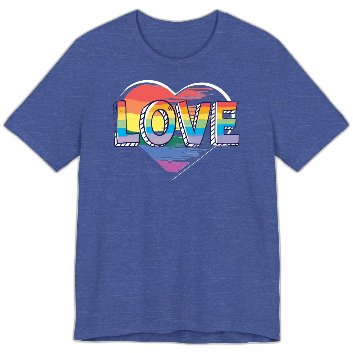 Colorful 3D block lettering spelling LOVE in rainbow pride colors inside a heart shape with wings in Heather True Royal