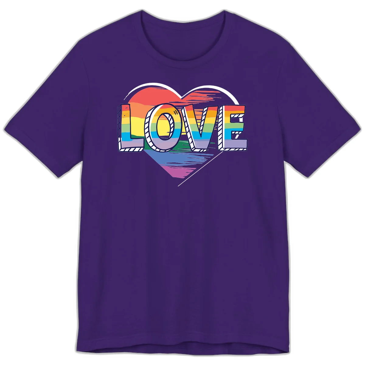Colorful 3D block lettering spelling LOVE in rainbow pride colors inside a heart shape with wings in Team Purple