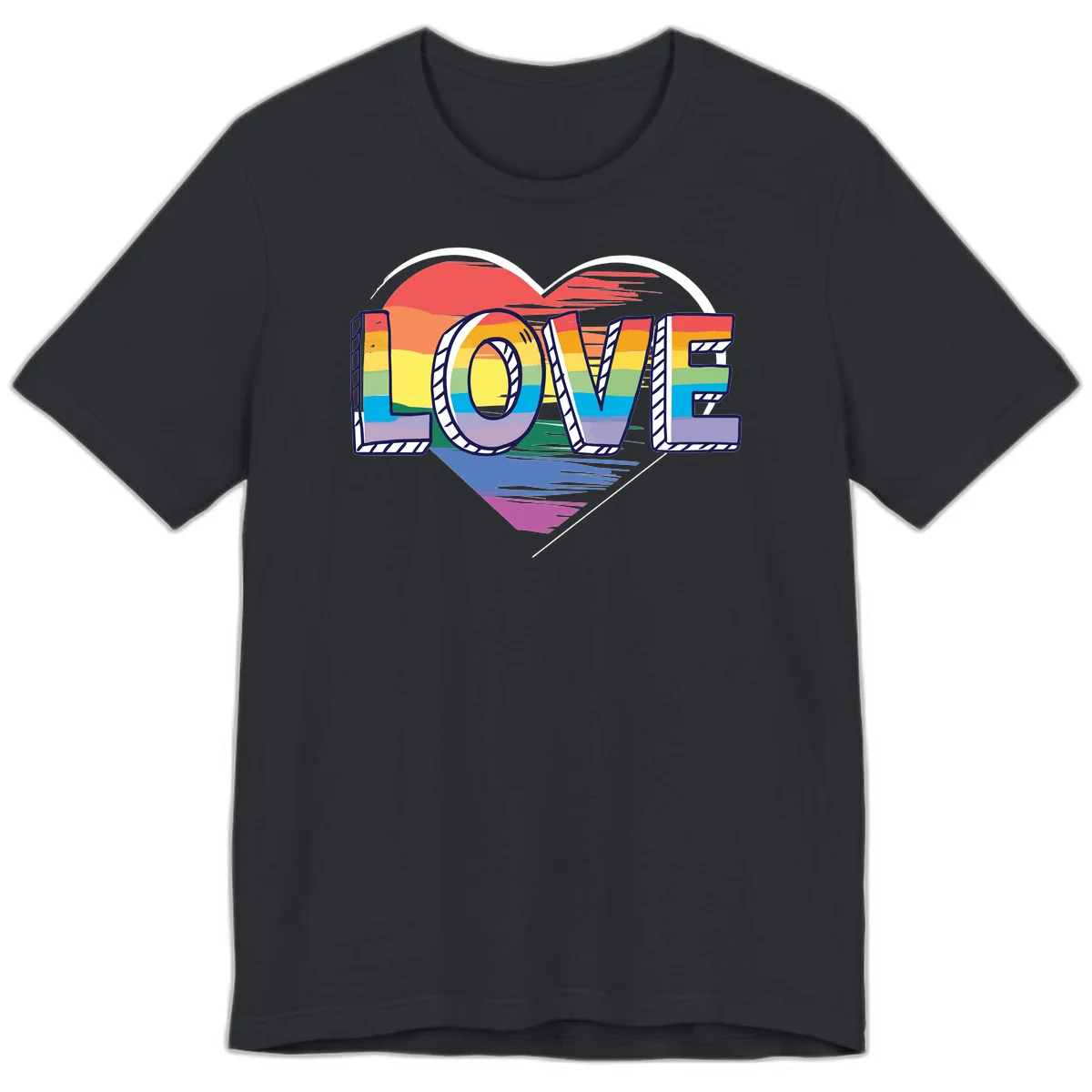 Colorful 3D block lettering spelling LOVE in rainbow pride colors inside a heart shape with wings in Vintage Black