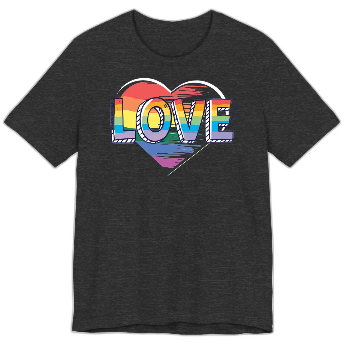 Colorful 3D block lettering spelling LOVE in rainbow pride colors inside a heart shape with wings in Dark Grey Heather