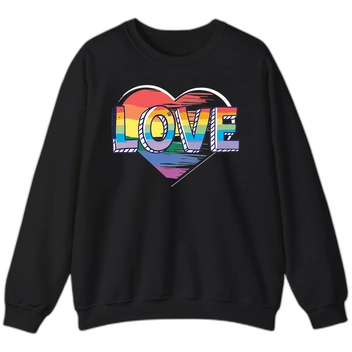 Colorful 3D block lettering spelling LOVE in rainbow pride colors inside a heart shape with wings in Black