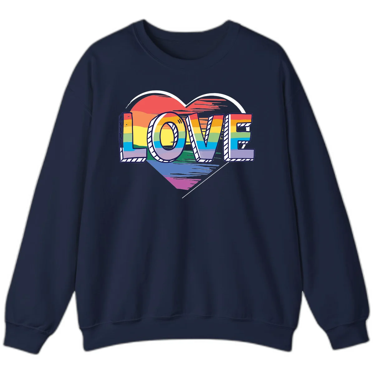 Colorful 3D block lettering spelling LOVE in rainbow pride colors inside a heart shape with wings in Navy