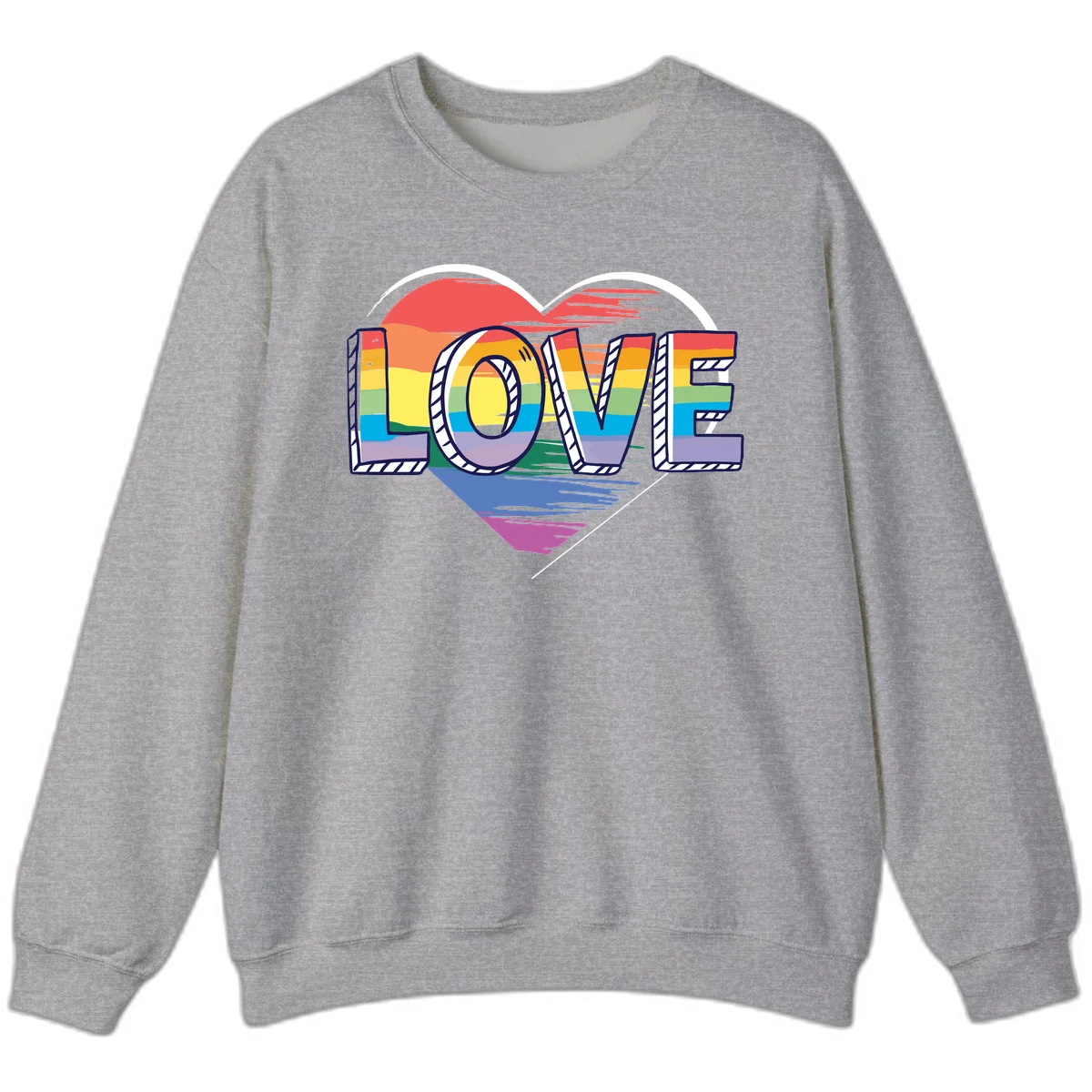 Colorful 3D block lettering spelling LOVE in rainbow pride colors inside a heart shape with wings in Sport Grey