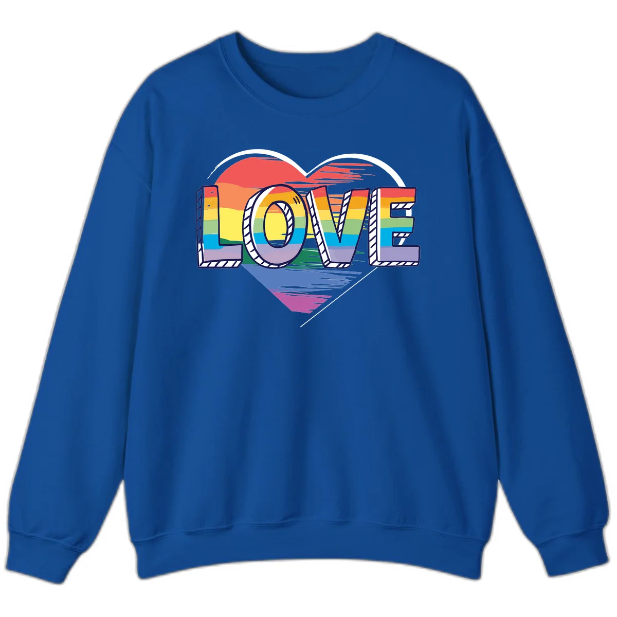 Colorful 3D block lettering spelling LOVE in rainbow pride colors inside a heart shape with wings in Royal