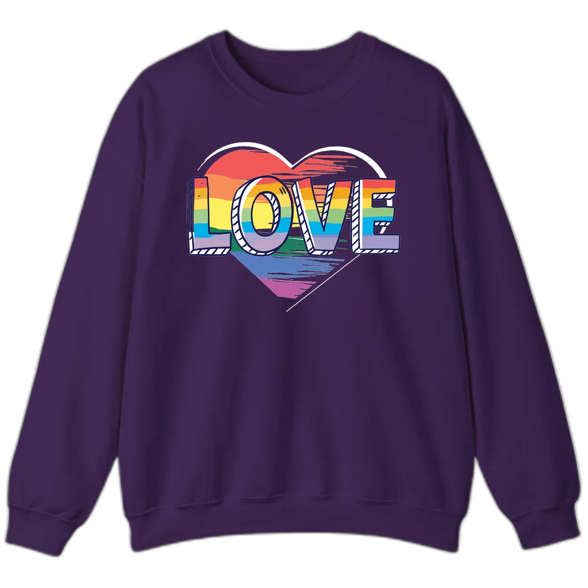 Colorful 3D block lettering spelling LOVE in rainbow pride colors inside a heart shape with wings in Purple