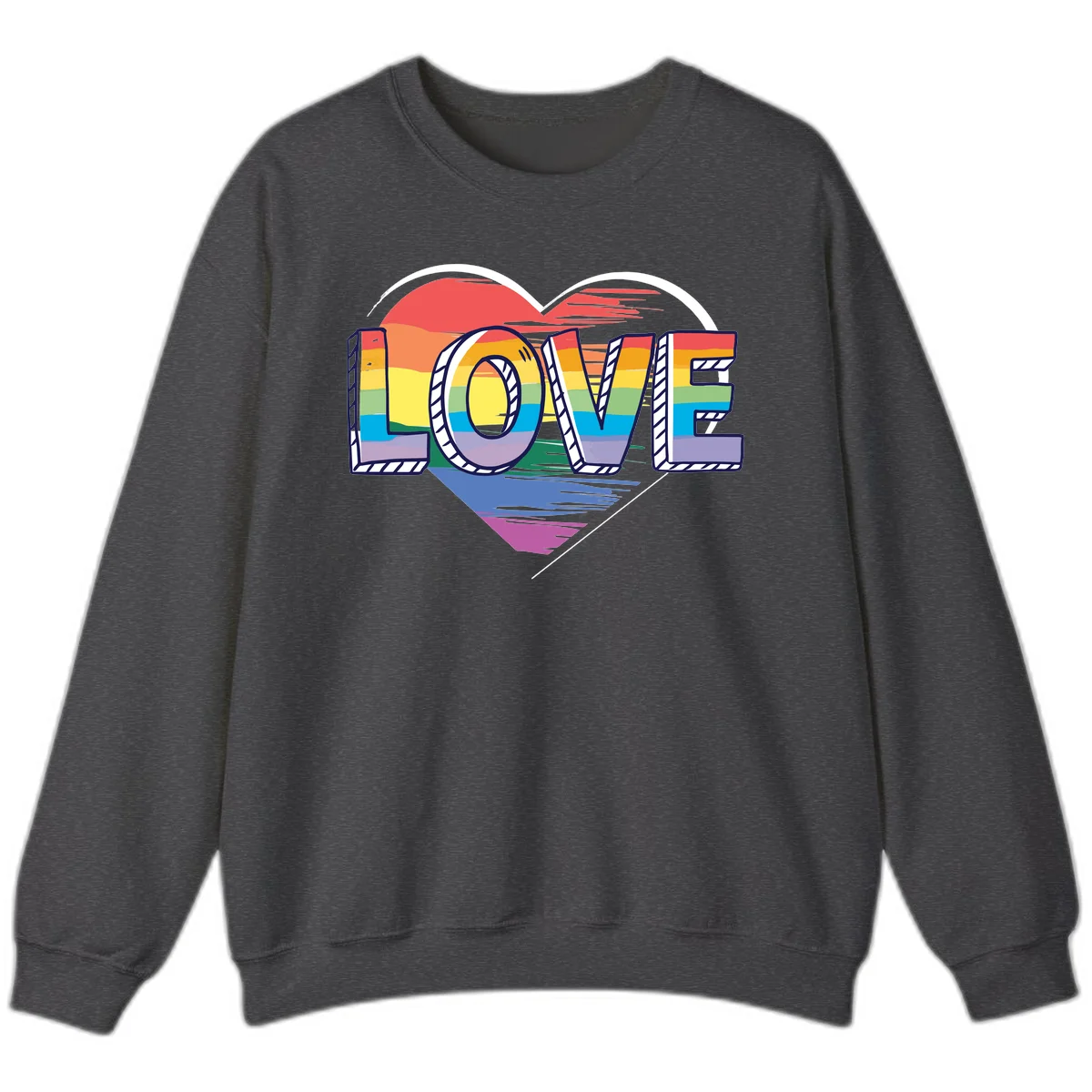 Colorful 3D block lettering spelling LOVE in rainbow pride colors inside a heart shape with wings in Dark Heather