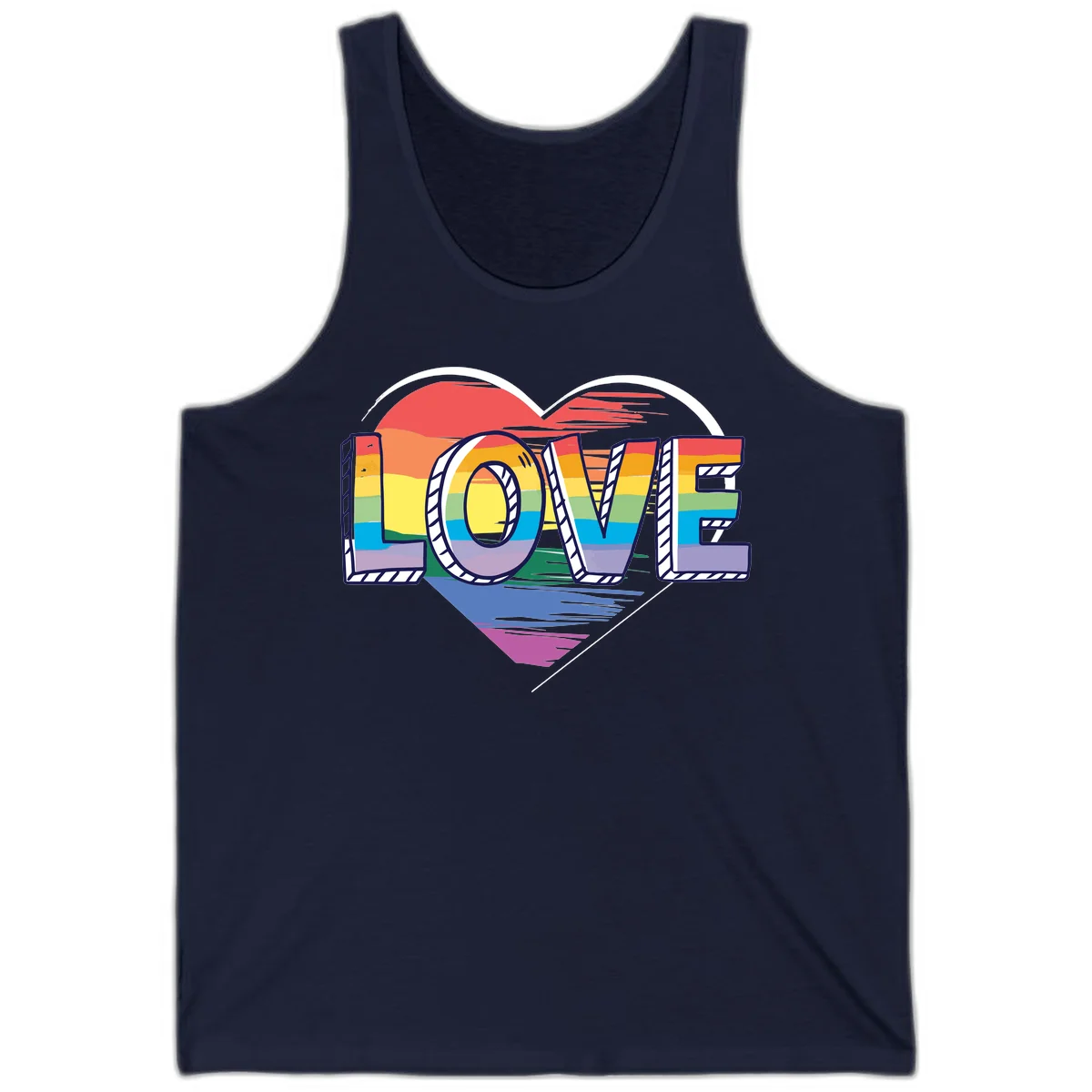 Colorful 3D block lettering spelling LOVE in rainbow pride colors inside a heart shape with wings in Navy