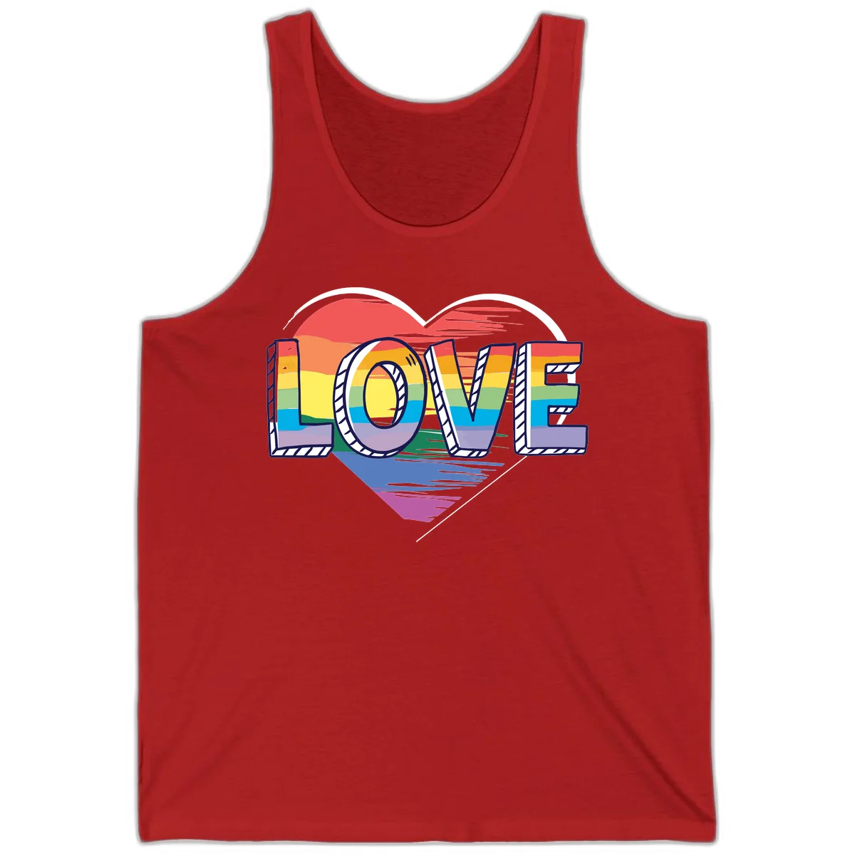 Colorful 3D block lettering spelling LOVE in rainbow pride colors inside a heart shape with wings in Red