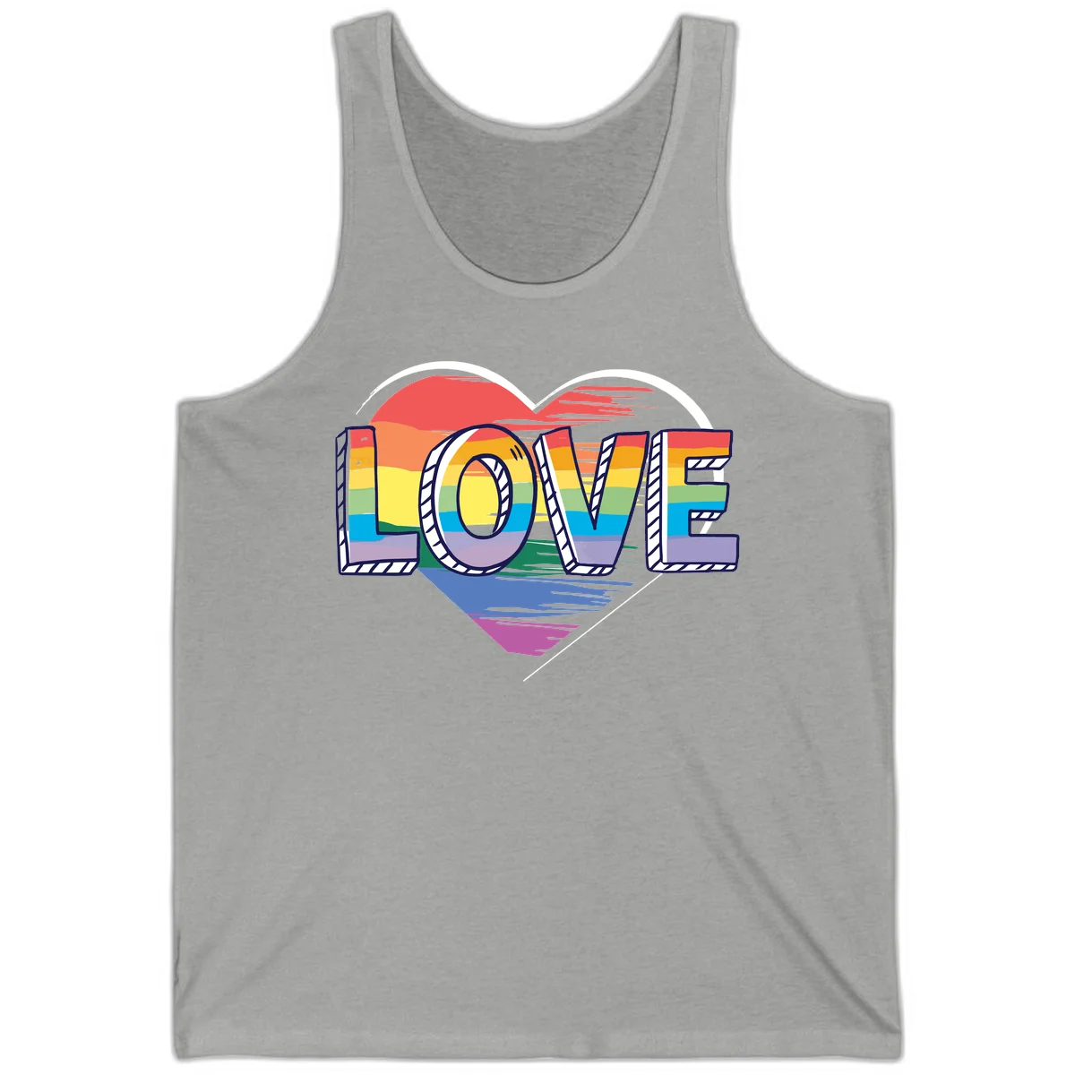 Colorful 3D block lettering spelling LOVE in rainbow pride colors inside a heart shape with wings in Athletic Heather