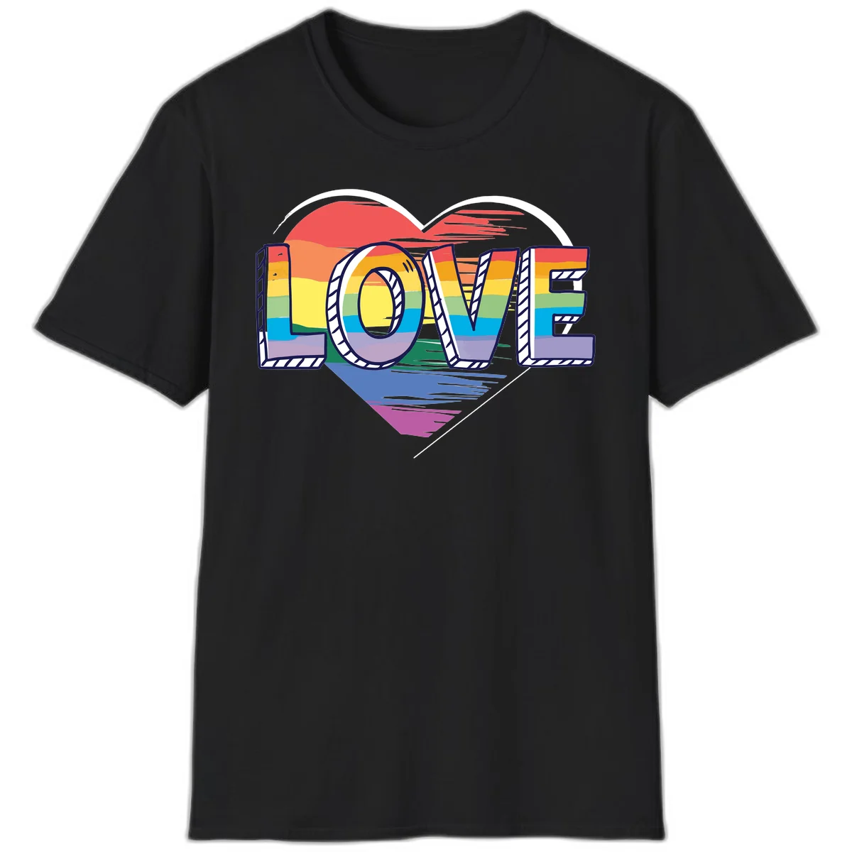 Colorful 3D block lettering spelling LOVE in rainbow pride colors inside a heart shape with wings in Black