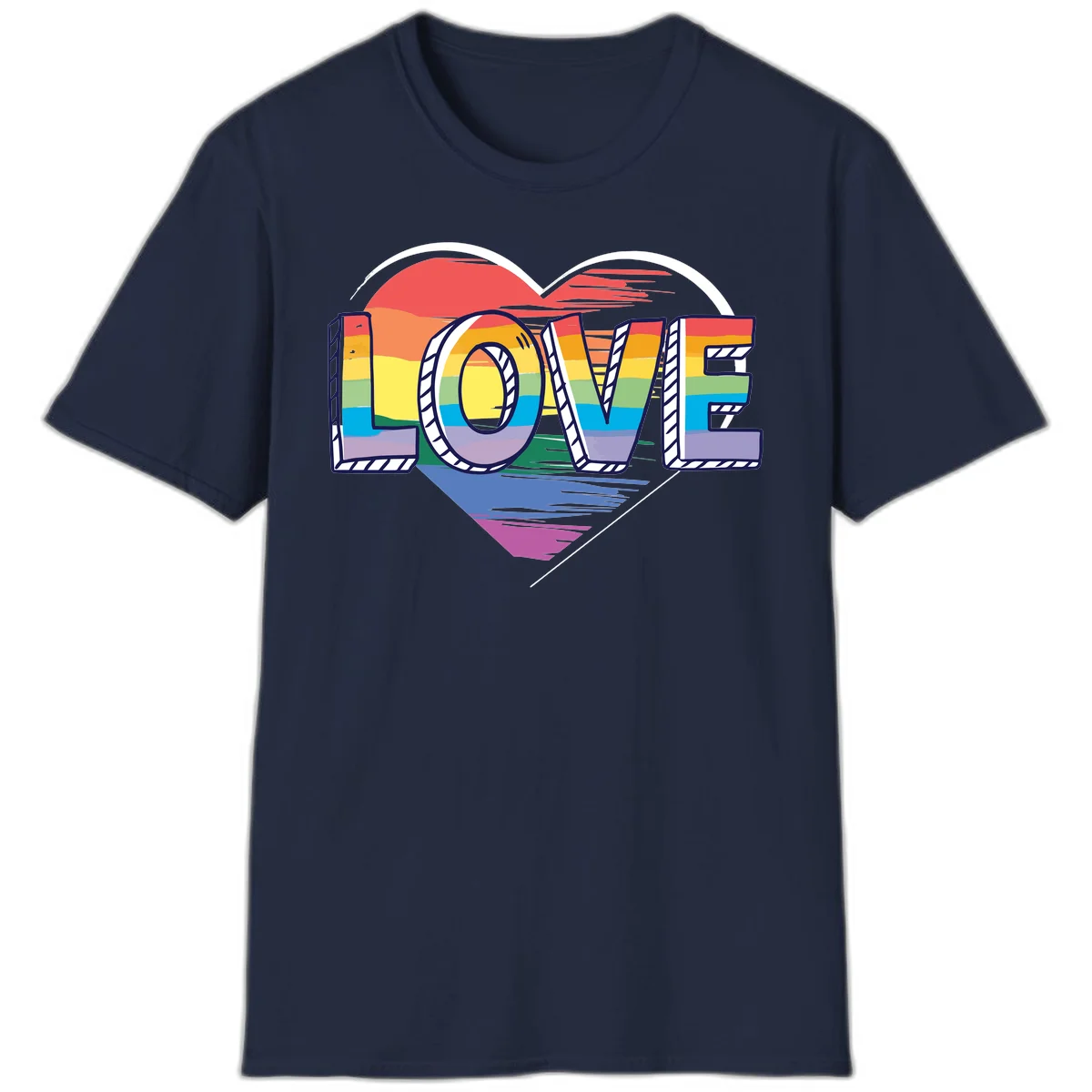 Colorful 3D block lettering spelling LOVE in rainbow pride colors inside a heart shape with wings in Navy