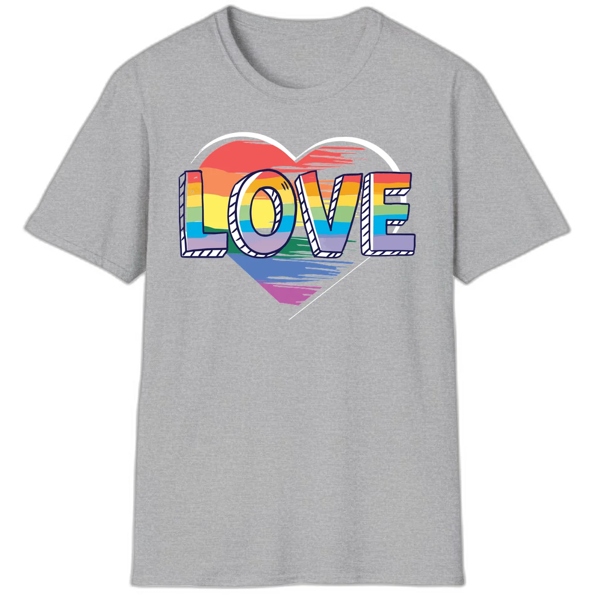 Colorful 3D block lettering spelling LOVE in rainbow pride colors inside a heart shape with wings in Sport Grey