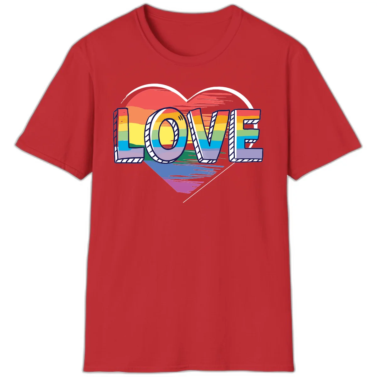 Colorful 3D block lettering spelling LOVE in rainbow pride colors inside a heart shape with wings in Red