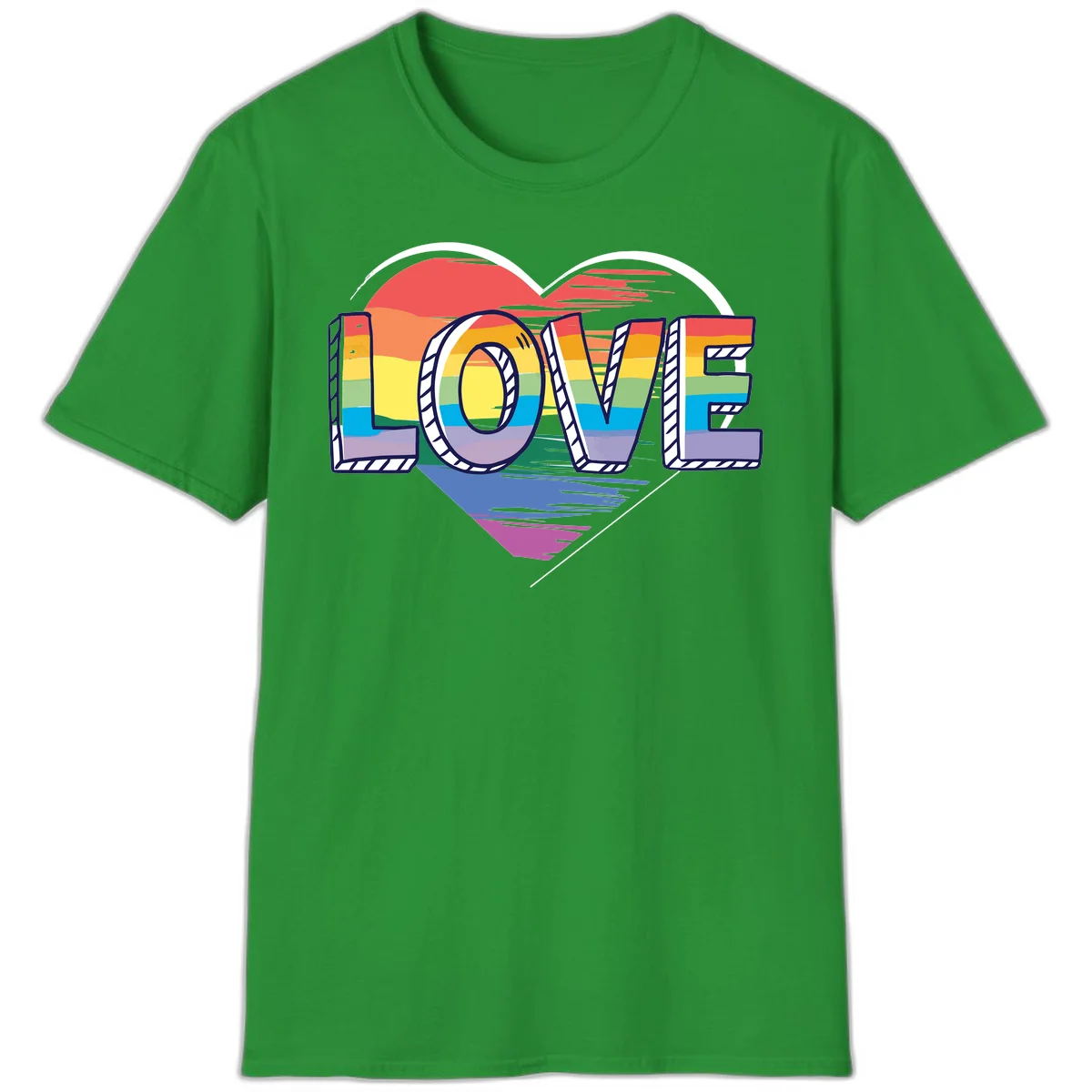 Colorful 3D block lettering spelling LOVE in rainbow pride colors inside a heart shape with wings in Irish Green