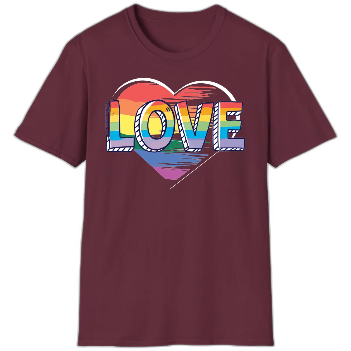 Colorful 3D block lettering spelling LOVE in rainbow pride colors inside a heart shape with wings in Maroon